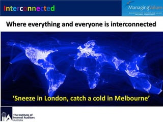 Interconnected
Where everything and everyone is interconnected

‘Sneeze in London, catch a cold in Melbourne’

 