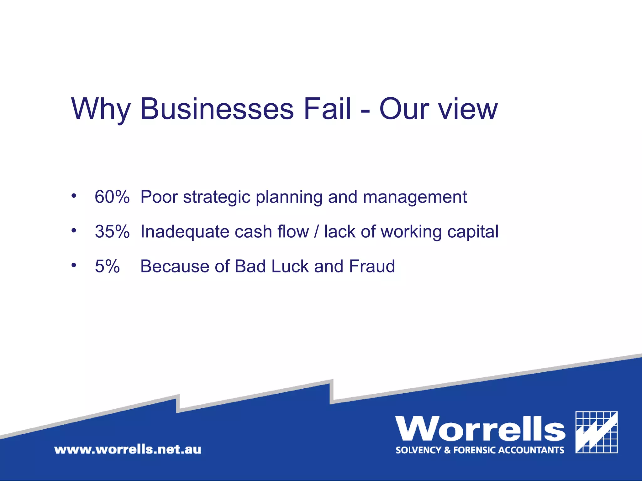 Why Businesses Fail - Our view  60%  Poor strategic planning and management 35%  Inadequate cash flow / lack of working capital 5%  Because of Bad Luck and Fraud 