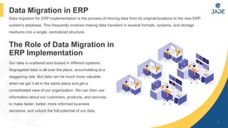 3
Data Migration in ERP
Data migration for ERP implementation is the process of moving data from its original locations to the new ERP
system's database. This frequently involves making data transfers in several formats, systems, and storage
mediums into a single, centralized structure.
The Role of Data Migration in
ERP Implementation
Our data is scattered and locked in different systems.
Segregated data is all over the place, accumulating at a
staggering rate. But data can be much more valuable
when we get it all in the same place and get a
consolidated view of our organization. We can then use
information about our customers, products, and services
to make faster, better, more informed business
decisions, and unlock the full potential of our data.
 