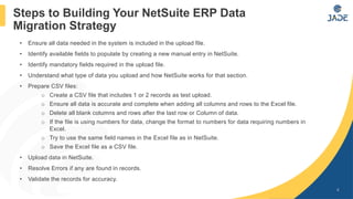 • Ensure all data needed in the system is included in the upload file.
• Identify available fields to populate by creating a new manual entry in NetSuite.
• Identify mandatory fields required in the upload file.
• Understand what type of data you upload and how NetSuite works for that section.
• Prepare CSV files:
o Create a CSV file that includes 1 or 2 records as test upload.
o Ensure all data is accurate and complete when adding all columns and rows to the Excel file.
o Delete all blank columns and rows after the last row or Column of data.
o If the file is using numbers for data, change the format to numbers for data requiring numbers in
Excel.
o Try to use the same field names in the Excel file as in NetSuite.
o Save the Excel file as a CSV file.
• Upload data in NetSuite.
• Resolve Errors if any are found in records.
• Validate the records for accuracy.
6
Steps to Building Your NetSuite ERP Data
Migration Strategy
 