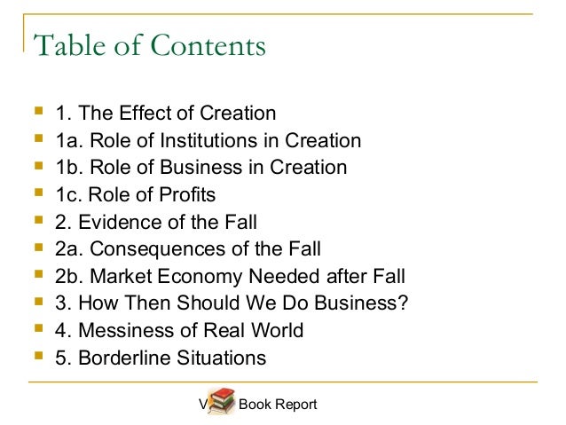 Table of contents of a book report