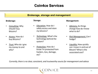 Coin4ce Services
Brokerage, storage and management
Brokerage:

Storage:

Management:

•

Consulting: Why
should I buy
Bitcoins?

•

Education: How do I
safely access and store
my bitcoins?

•

Advisory: As things
change how do I know
what to do?

•

Access: How do I
buy Bitcoins?

•

Technology: What’s the
technology behind the
system?

•

Risk Management: Can I
hedge?

•

Trust: Who do I give
my money to and
why?

•

Liquidity: How quickly
can I move in and out of
Bitcoin? What is the
associated cost?

•

Protection: How do I
know I’m protected from
hackers, loss, damage,
etc?

Currently, there is no clear, consistent, and trustworthy source for management and advice

35

 