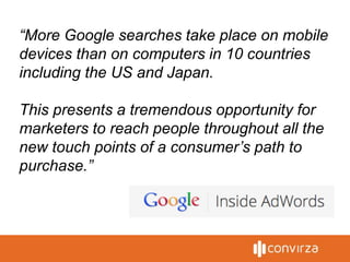 “More Google searches take place on mobile
devices than on computers in 10 countries
including the US and Japan.
This presents a tremendous opportunity for
marketers to reach people throughout all the
new touch points of a consumer’s path to
purchase.”
 