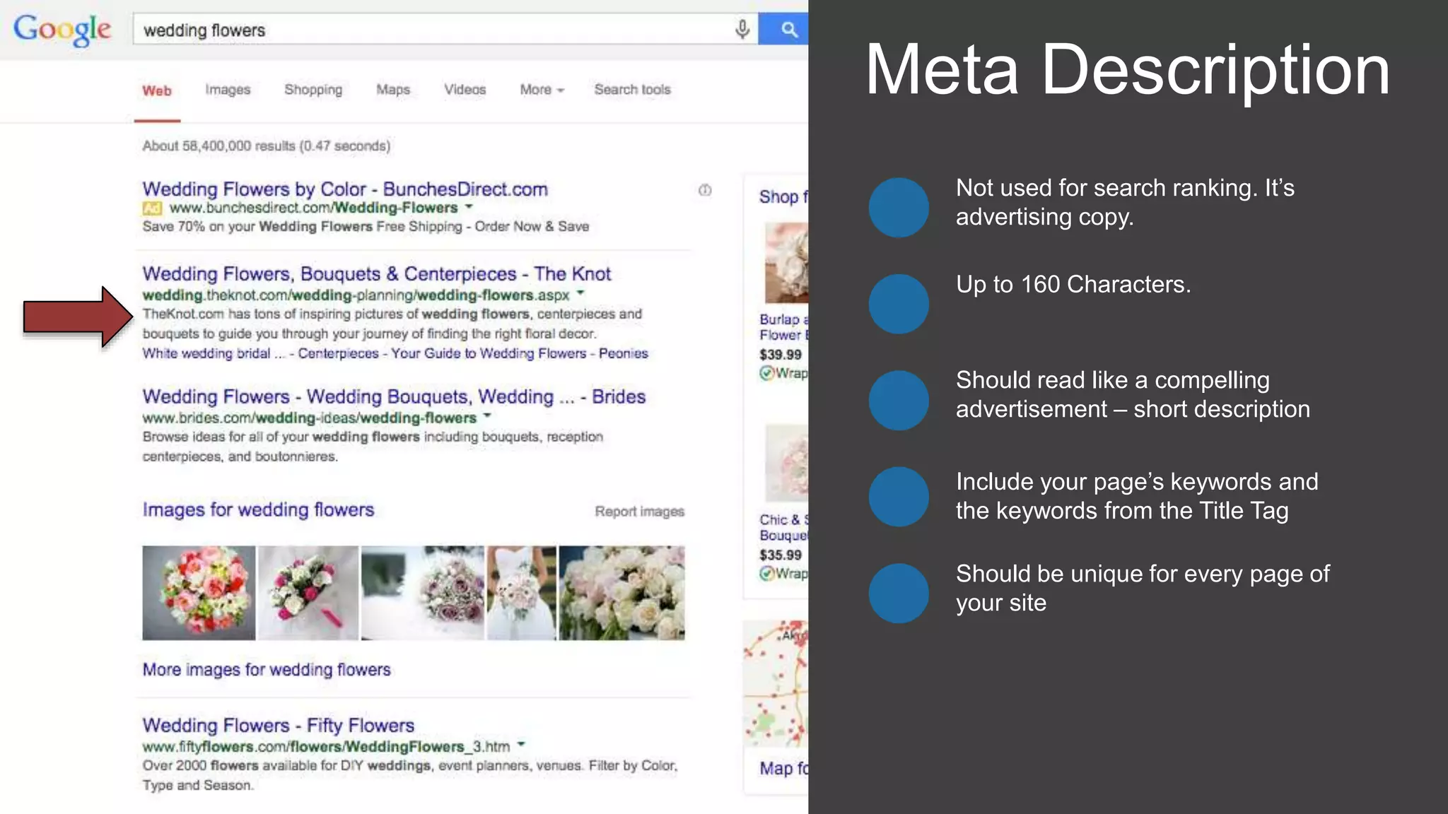 Not used for search ranking. It’s
advertising copy.
Meta Description
Should read like a compelling
advertisement – short description
Include your page’s keywords and
the keywords from the Title Tag
Should be unique for every page of
your site
Up to 160 Characters.
 