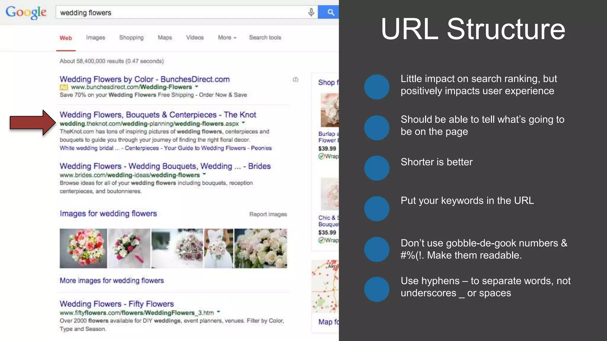 Little impact on search ranking, but
positively impacts user experience
URL Structure
Should be able to tell what’s going to
be on the page
Shorter is better
Put your keywords in the URL
Don’t use gobble-de-gook numbers &
#%(!. Make them readable.
Use hyphens – to separate words, not
underscores _ or spaces
 