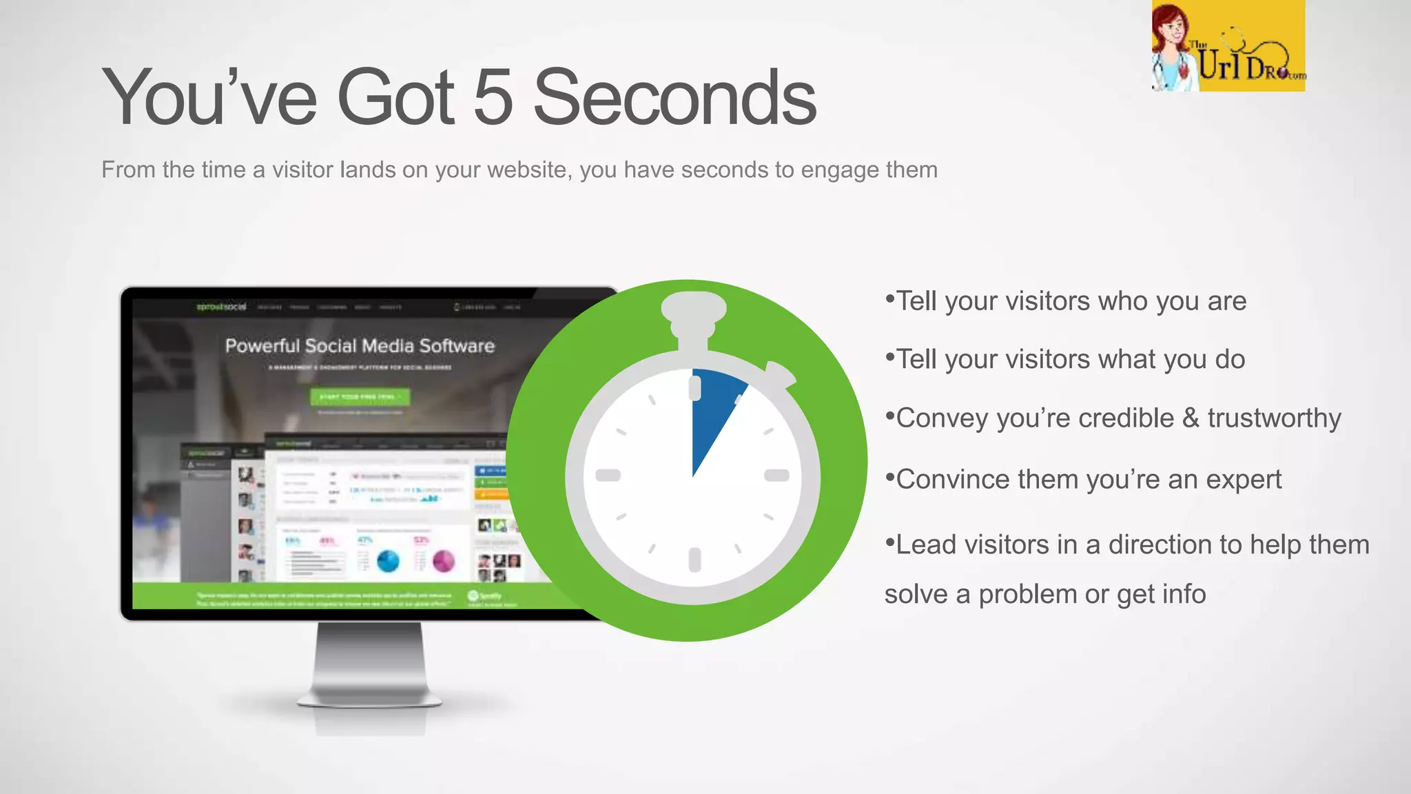 •Tell your visitors who you are
You’ve Got 5 Seconds
From the time a visitor lands on your website, you have seconds to engage them
•Convey you’re credible & trustworthy
•Lead visitors in a direction to help them
solve a problem or get info
•Convince them you’re an expert
•Tell your visitors what you do
 