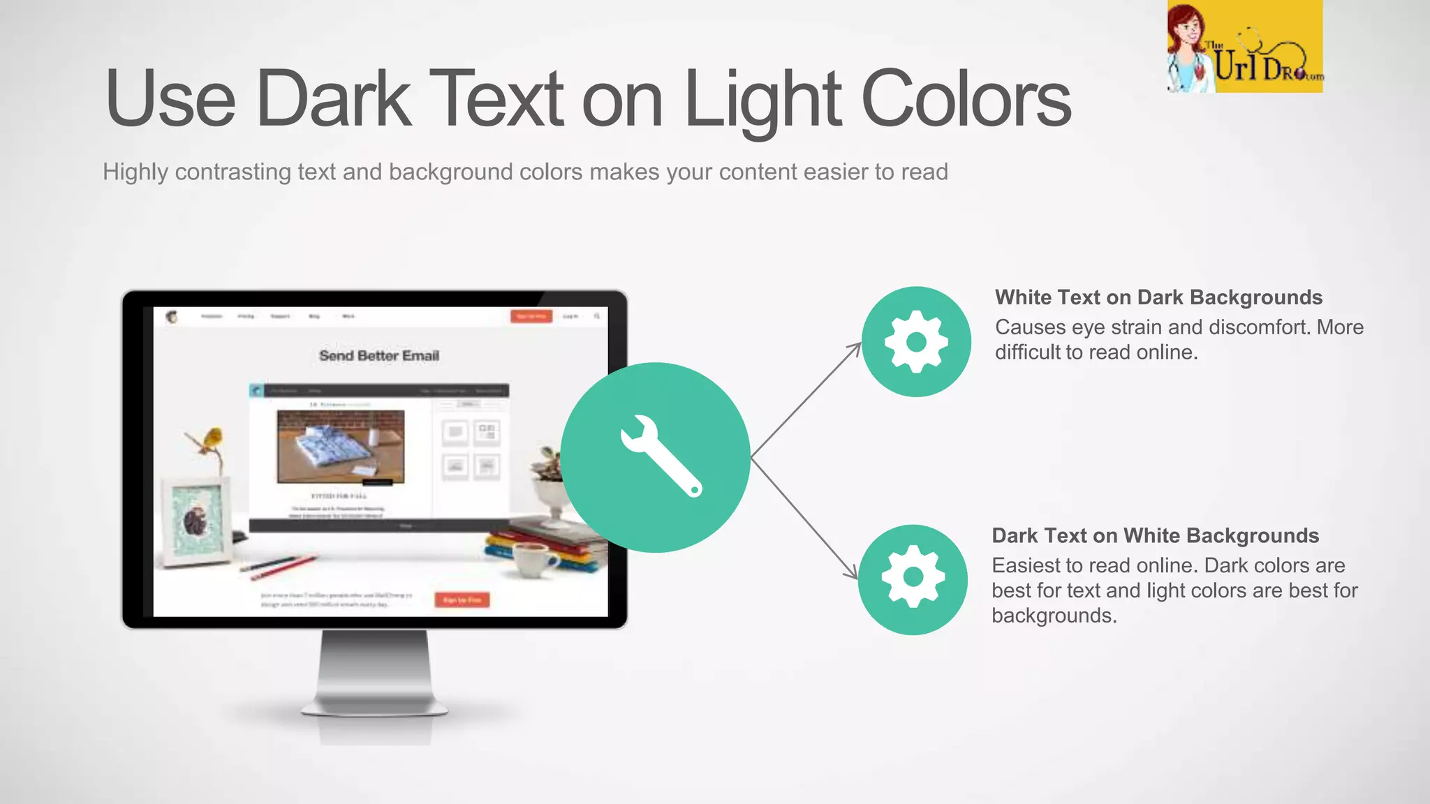 White Text on Dark Backgrounds
Causes eye strain and discomfort. More
difficult to read online.
Dark Text on White Backgrounds
Easiest to read online. Dark colors are
best for text and light colors are best for
backgrounds.
Use Dark Text on Light Colors
Highly contrasting text and background colors makes your content easier to read
 