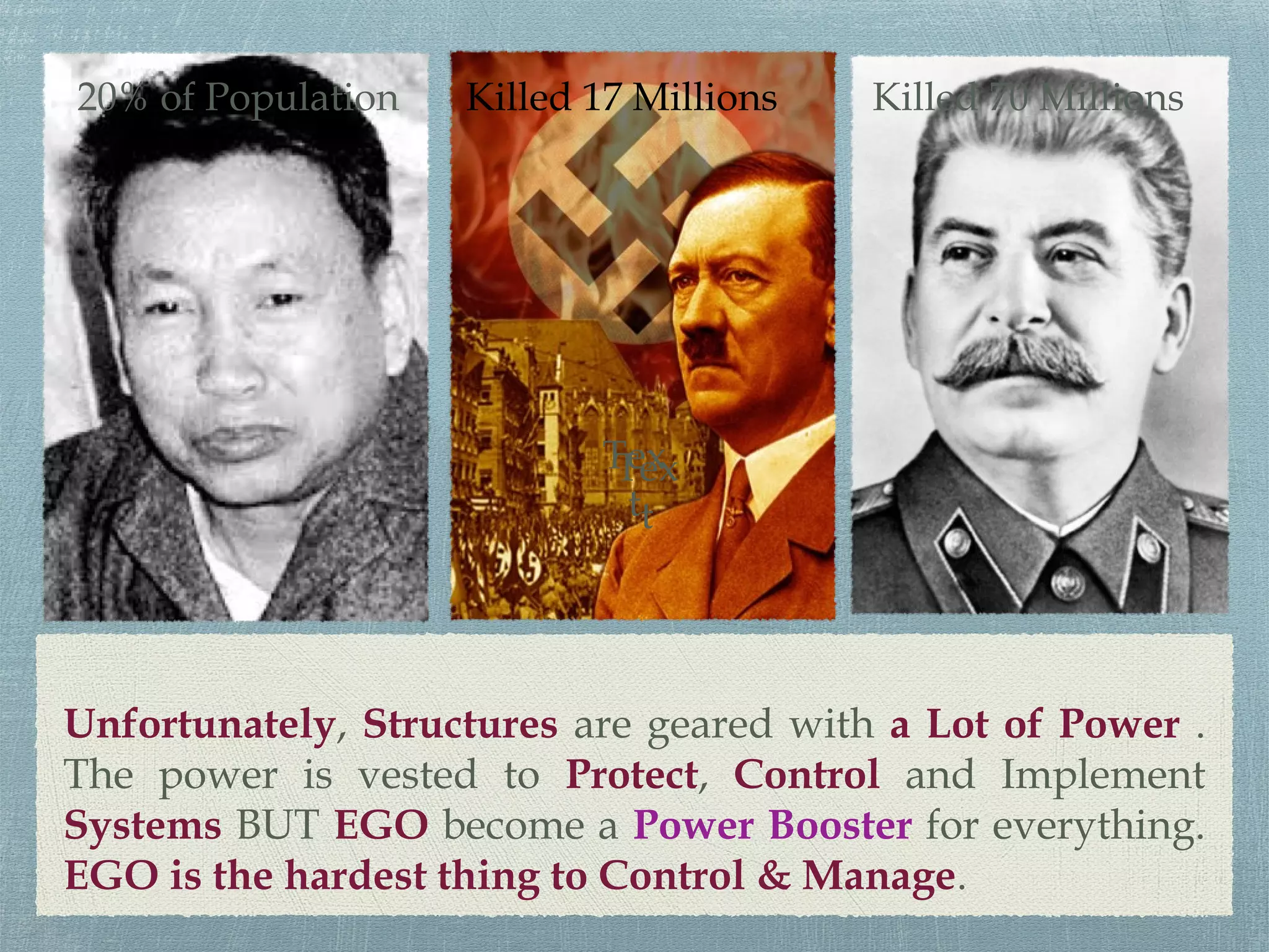 Unfortunately, Structures are geared with a Lot of Power .
The power is vested to Protect, Control and Implement
Systems BUT EGO become a Power Booster for everything.
EGO is the hardest thing to Control & Manage.
Killed 17 Millions
Tex
t
Tex
t
Killed 70 Millions20% of Population
 