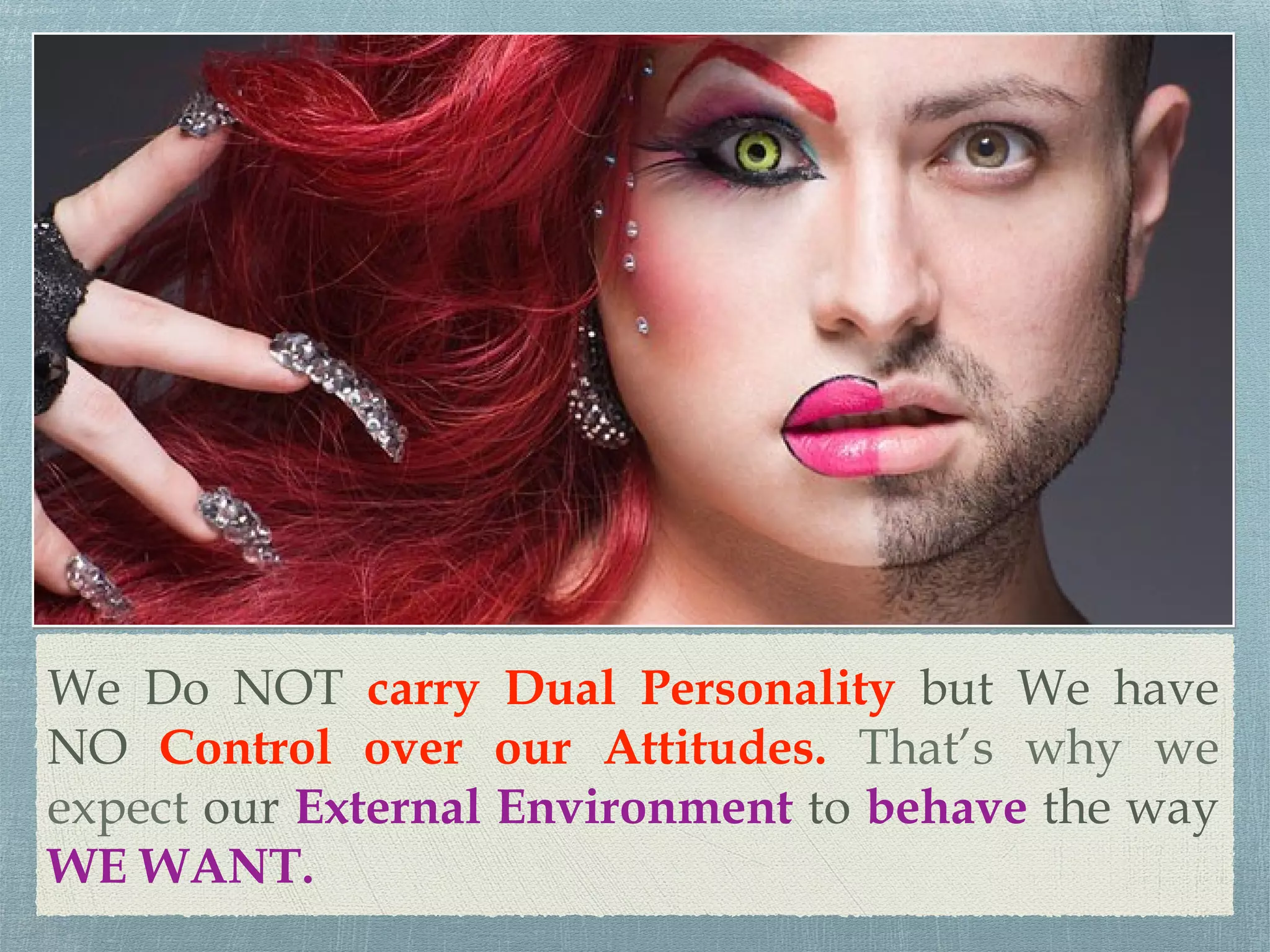 We Do NOT carry Dual Personality but We have
NO Control over our Attitudes. That’s why we
expect our External Environment to behave the way
WE WANT.
 