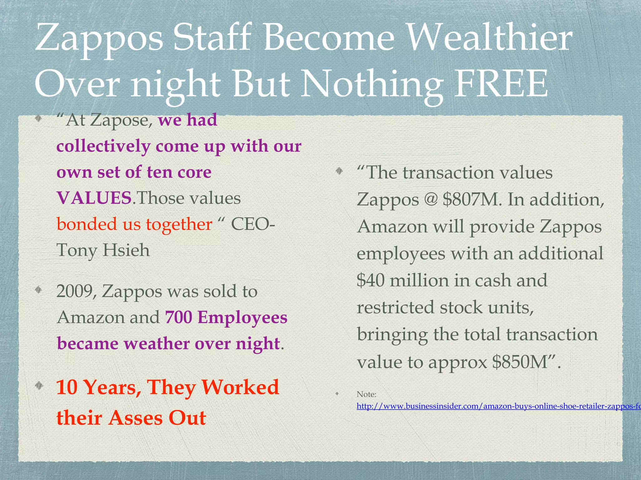 Zappos Staff Become Wealthier
Over night But Nothing FREE
“At Zapose, we had
collectively come up with our
own set of ten core
VALUES.Those values
bonded us together “ CEO-
Tony Hsieh
2009, Zappos was sold to
Amazon and 700 Employees
became weather over night.
10 Years, They Worked
their Asses Out
“The transaction values
Zappos @ $807M. In addition,
Amazon will provide Zappos
employees with an additional
$40 million in cash and
restricted stock units,
bringing the total transaction
value to approx $850M”.
Note:
http://www.businessinsider.com/amazon-buys-online-shoe-retailer-zappos-fo
 