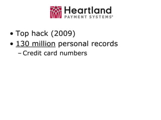 Top hack (2009)130 million personal recordsCredit card numbers