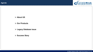 All Rights Reserved 2020 | CARE Risk Solutions Pvt. Ltd.
Agenda
⮚ About US
⮚ Our Products
⮚ Legacy Database issue
⮚ Success Story
 