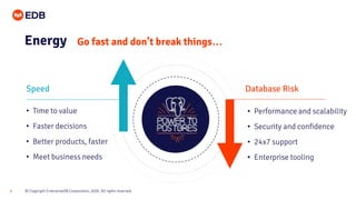 © Copyright EnterpriseDB Corporation, 2020. All rights reserved.8
• Time to value
• Faster decisions
• Better products, faster
• Meet business needs
• Performance and scalability
• Security and confidence
• 24x7 support
• Enterprise tooling
Speed Database Risk
Energy Go fast and don’t break things…
 