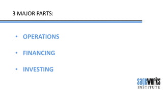 3 MAJOR PARTS:
• OPERATIONS
• FINANCING
• INVESTING
 