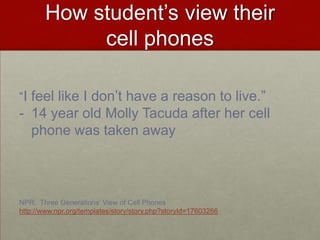 Research says…"The proportions of textisms that kids used in their sentence translations was positively linked to verbal reasoning; the more textspeak kids used, the higher their test scores”2) "The younger the age at which the kids had received mobile phones, the better their ability to read words and identify patterns of sound in speech.”http://www.britac.ac.uk/news/news.cfm/newsid/14