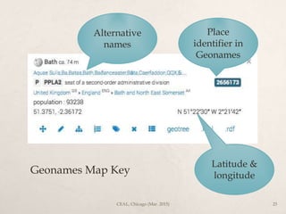 Alternative
names
Place
identifier in
Geonames
Latitude &
longitude
Geonames Map Key
CEAL, Chicago (Mar. 2015) 23
 
