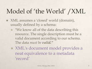Model of ‘the World’ /XML
 XML assumes a 'closed' world (domain),
usually defined by a schema:
 "We know all of the data describing this
resource. The single description must be a
valid document according to our schema.
The data must be valid.”
 XML's document model provides a
neat equivalence to a metadata
'record’
CEAL, Chicago (Mar. 2015) 8
 