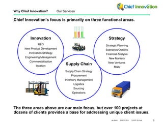 Chief Innovation’s focus is primarily on three functional areas. 
Jay Martin MONTH 2014 CLIENT 2014.ppt 3 
Why Chief Innov...