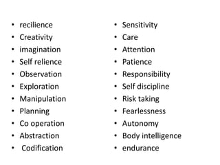 •   recilience      •   Sensitivity
•   Creativity      •   Care
•   imagination     •   Attention
•   Self relience   •   Patience
•   Observation     •   Responsibility
•   Exploration     •   Self discipline
•   Manipulation    •   Risk taking
•   Planning        •   Fearlessness
•   Co operation    •   Autonomy
•   Abstraction     •   Body intelligence
•    Codification   •   endurance
 