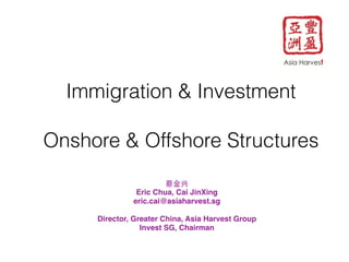 Immigration & Investment 
! 
Onshore & Offshore Structures 
! 
蔡⾦金兴! 
Eric Chua, Cai JinXing ! 
eric.cai@asiaharvest.sg! 
! 
Director, Greater China, Asia Harvest Group ! 
Invest SG, Chairman ! 
 