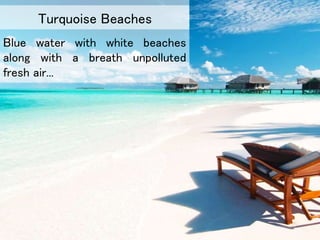 Blue water with white beaches
along with a breath unpolluted
fresh air...
Turquoise Beaches
 