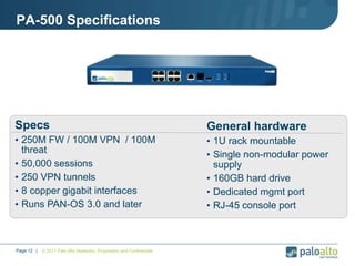 © 2011 Palo Alto Networks. Proprietary and ConfidentialPage 12 |
PA-500 Specifications
Specs
• 250M FW / 100M VPN / 100M
threat
• 50,000 sessions
• 250 VPN tunnels
• 8 copper gigabit interfaces
• Runs PAN-OS 3.0 and later
General hardware
• 1U rack mountable
• Single non-modular power
supply
• 160GB hard drive
• Dedicated mgmt port
• RJ-45 console port
 