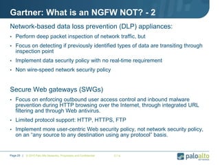 Gartner: What is an NGFW NOT? - 2
Network-based data loss prevention (DLP) appliances:
• Perform deep packet inspection of network traffic, but
• Focus on detecting if previously identified types of data are transiting through
inspection point
• Implement data security policy with no real-time requirement
• Non wire-speed network security policy
Secure Web gateways (SWGs)
• Focus on enforcing outbound user access control and inbound malware
prevention during HTTP browsing over the Internet, through integrated URL
filtering and through Web antivirus.
• Limited protocol support: HTTP, HTTPS, FTP
• Implement more user-centric Web security policy, not network security policy,
on an “any source to any destination using any protocol” basis.
© 2010 Palo Alto Networks. Proprietary and Confidential 3.1-aPage 25 |
 