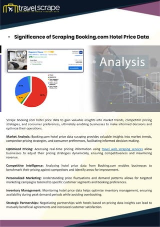 • Significance of Scraping Booking.com Hotel Price Data
Scrape Booking.com hotel price data to gain valuable insights into market trends, competitor pricing
strategies, and consumer preferences, ultimately enabling businesses to make informed decisions and
optimize their operations.
Market Analysis: Booking.com hotel price data scraping provides valuable insights into market trends,
competitor pricing strategies, and consumer preferences, facilitating informed decision-making.
Optimized Pricing: Accessing real-time pricing information using travel web scraping services allow
businesses to adjust their pricing strategies dynamically, ensuring competitiveness and maximizing
revenue.
Competitive Intelligence: Analyzing hotel price data from Booking.com enables businesses to
benchmark their pricing against competitors and identify areas for improvement.
Personalized Marketing: Understanding price fluctuations and demand patterns allows for targeted
marketing campaigns tailored to specific customer segments and booking preferences.
Inventory Management: Monitoring hotel price data helps optimize inventory management, ensuring
availability during peak demand periods while avoiding overbooking.
Strategic Partnerships: Negotiating partnerships with hotels based on pricing data insights can lead to
mutually beneficial agreements and increased customer satisfaction.
 