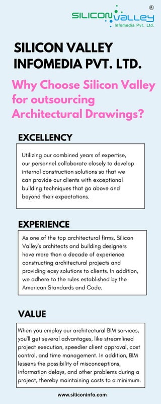 SILICON VALLEY
INFOMEDIA PVT. LTD.
Why Choose Silicon Valley
for outsourcing
Architectural Drawings?
EXCELLENCY
EXPERIENCE
VALUE
Utilizing our combined years of expertise,
our personnel collaborate closely to develop
internal construction solutions so that we
can provide our clients with exceptional
building techniques that go above and
beyond their expectations.
As one of the top architectural firms, Silicon
Valley's architects and building designers
have more than a decade of experience
constructing architectural projects and
providing easy solutions to clients. In addition,
we adhere to the rules established by the
American Standards and Code.
When you employ our architectural BIM services,
you'll get several advantages, like streamlined
project execution, speedier client approval, cost
control, and time management. In addition, BIM
lessens the possibility of misconceptions,
information delays, and other problems during a
project, thereby maintaining costs to a minimum.
www.siliconinfo.com
 