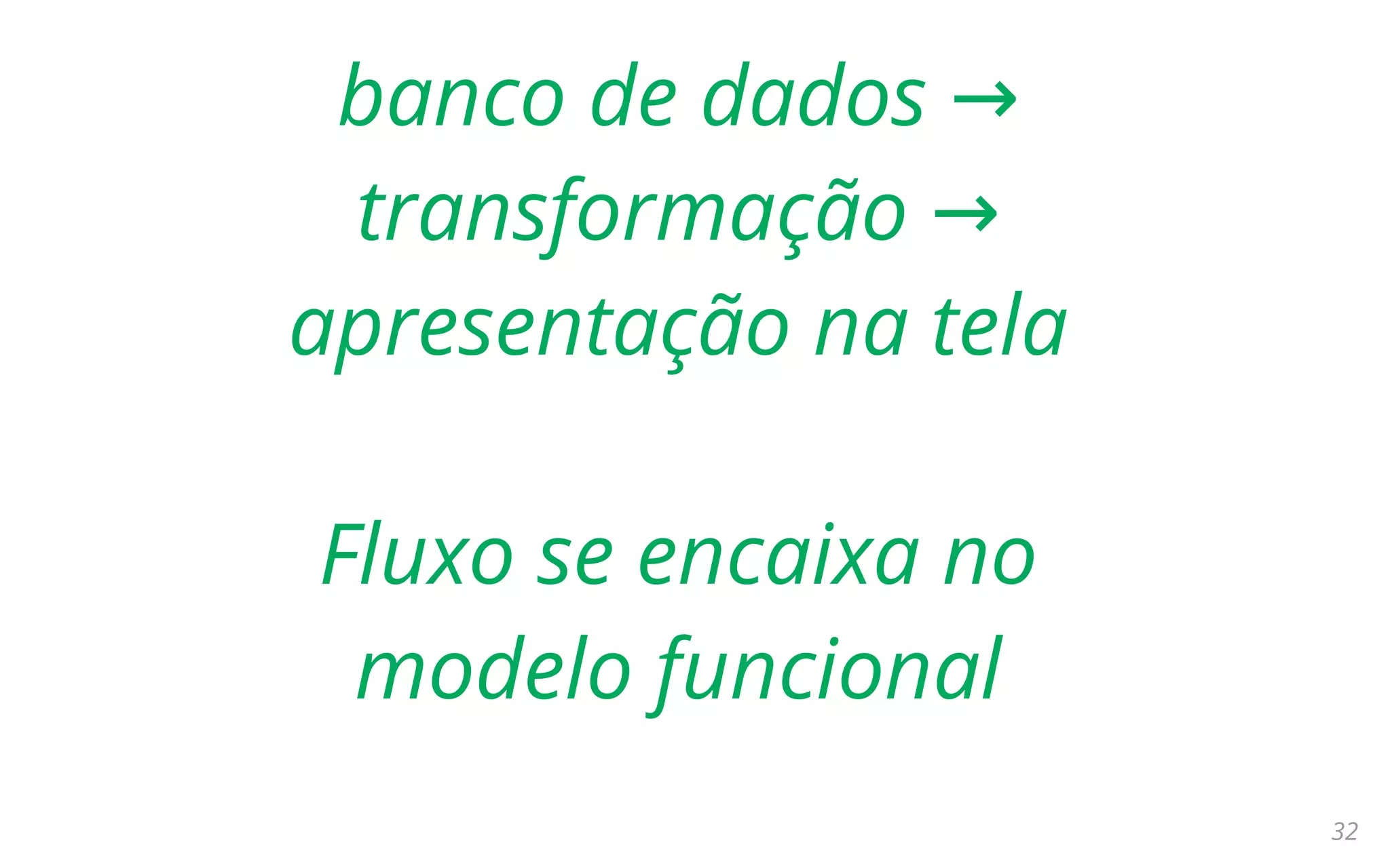 32
banco de dados →
transformação →
apresentação na tela
Fluxo se encaixa no
modelo funcional
 
