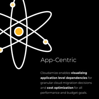 App-Centric
Cloudamize enables visualizing
application level dependencies for
granular cloud migration decisions
and cost optimization for all
performance and budget goals.