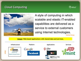 Cloud Computing

                                           A style of computing in which
                                           scalable and elastic IT-enabled
                                           capabilities are delivered as a
                                           service to external customers
                                           using Internet technologies.
                                                                                 -Gartner Group

                 Simple: Web-based applications with shared data and services.


       Infrastructure           Platform               Applications              Services
KPMG
 