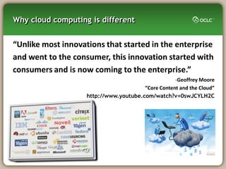 Why cloud computing is different


“Unlike most innovations that started in the enterprise
and went to the consumer, this innovation started with
consumers and is now coming to the enterprise.”
                                                    -Geoffrey Moore
                                        “Core Content and the Cloud”
                    http://www.youtube.com/watch?v=0swJCYLH2C
 