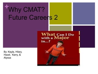 +Why CMAT?
    Future Careers 2




By: Kayla, Hilary,
Hazel, Karry, &
Alyssa
 