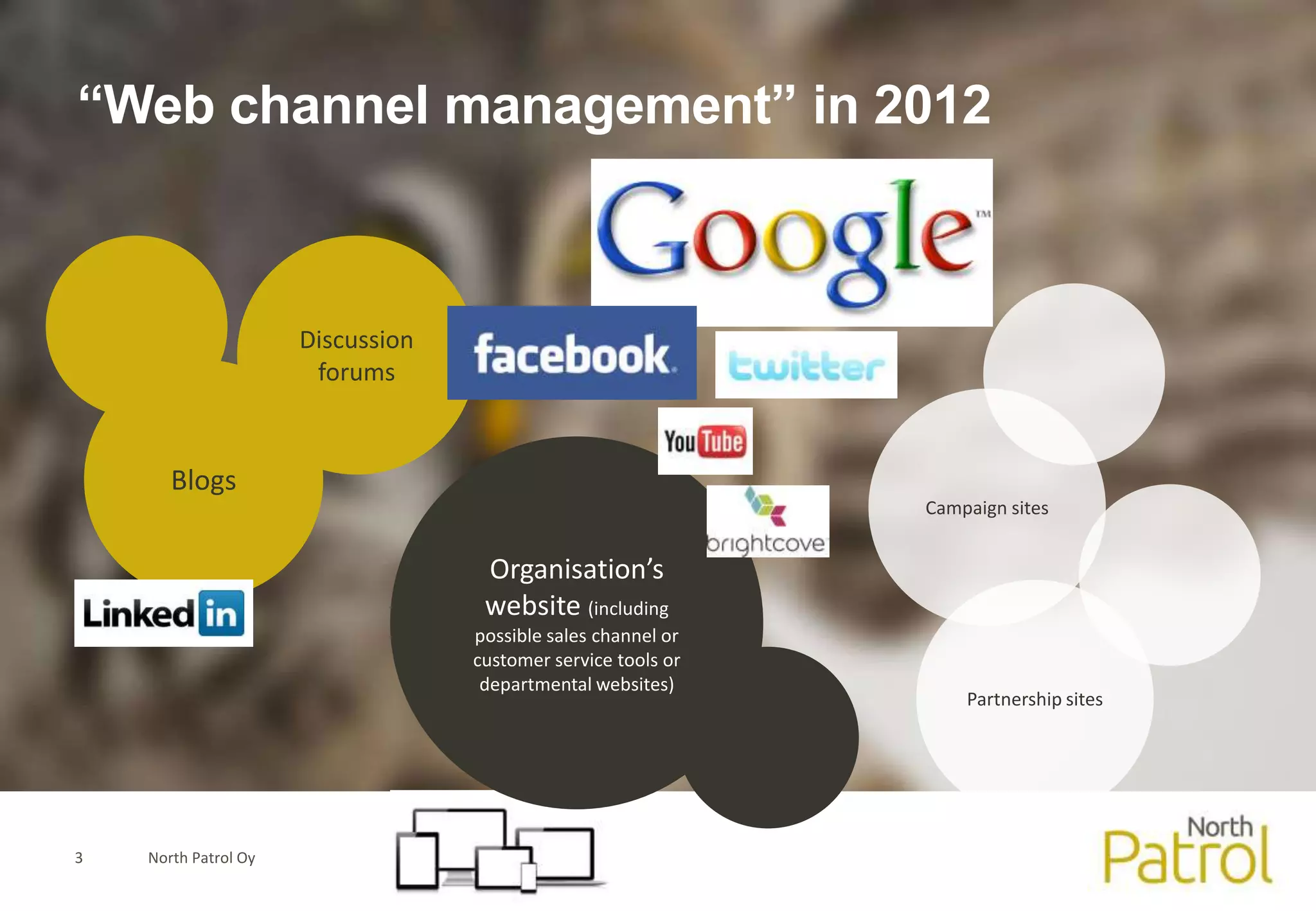 “Web channel management” in 2012



                      Discussion
                       forums



       Blogs
                                                               Campaign sites


                                    Organisation’s
                                    website (including
                                   possible sales channel or
                                   customer service tools or
                                    departmental websites)
                                                                   Partnership sites




3   North Patrol Oy
 