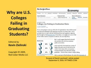 Why are U.S.
  Colleges
 Failing in
Graduating
 Students?
Editorial by
Kevin Zielinski

Copyright © 2009,
Red Cedar Media LLC
                      Excerpt of David Leonhardt article posted
                        September 8, 2009, NYTIMES.COM
 