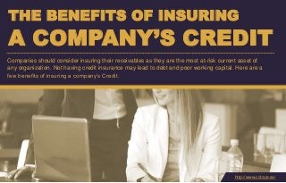 THE BENEFITS OF INSURING
A COMPANY’S CREDIT
Companies should consider insuring their receivables as they are the most at-risk current asset of
any organization. Not having credit insurance may lead to debt and poor working capital. Here are a
few benefits of insuring a company’s Credit.
http://www.coface.se/
 