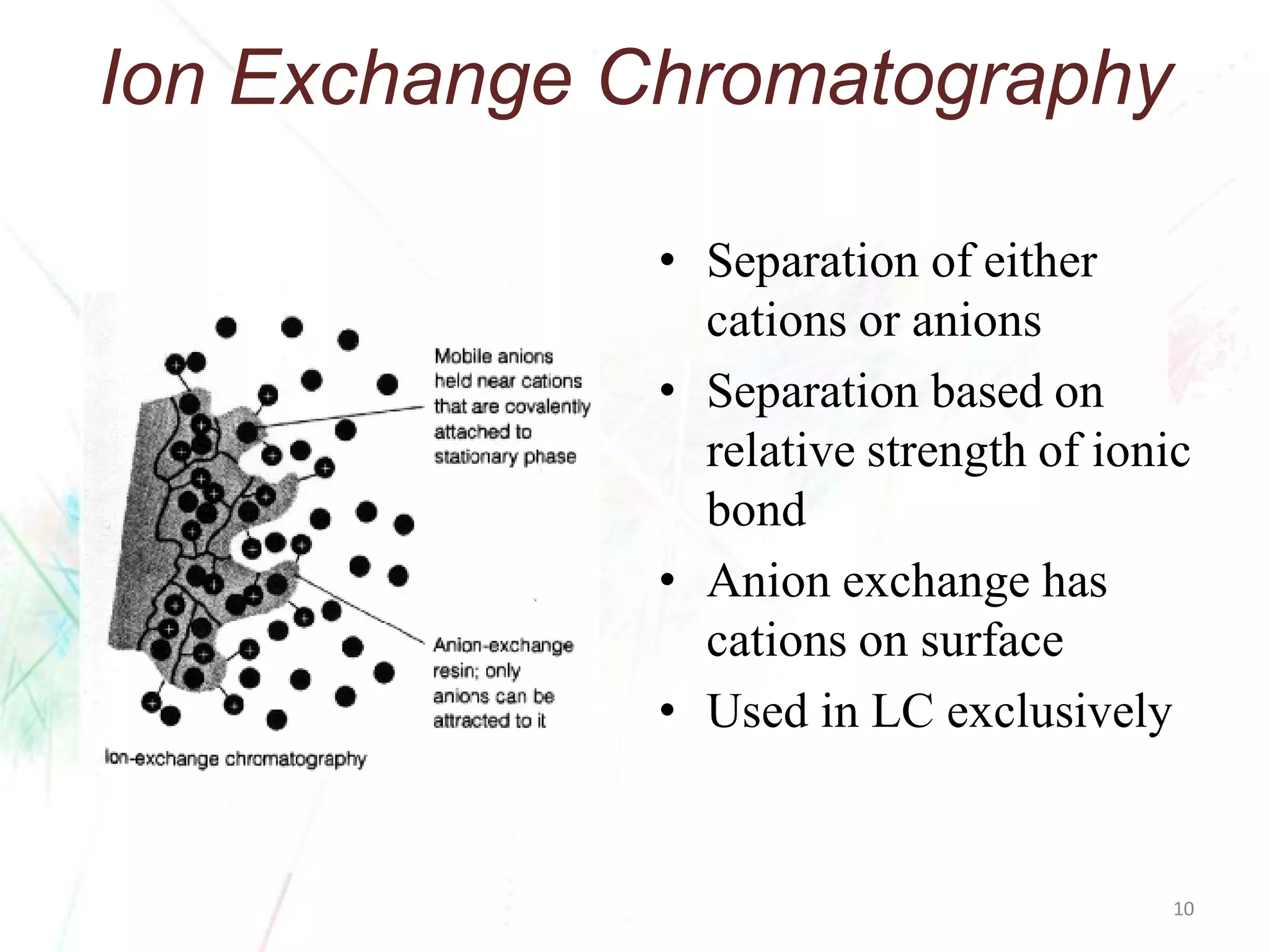 Ion Exchange Chromatography 
•Separation of either cations or anions 
•Separation based on relative strength of ionic bond 
•Anion exchange has cations on surface 
•Used in LC exclusively 
10 
 