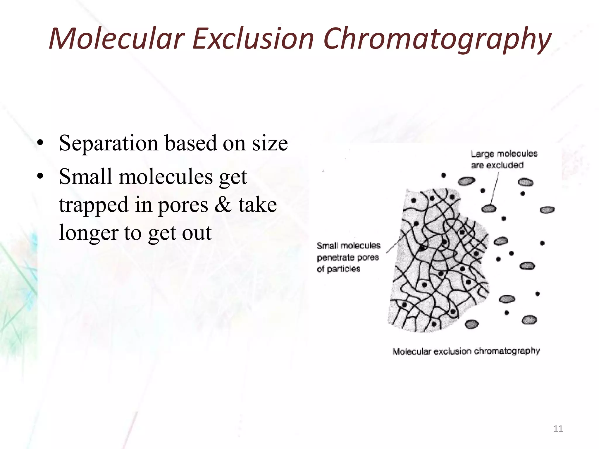 Molecular Exclusion Chromatography 
•Separation based on size 
•Small molecules get trapped in pores & take longer to get out 
11 
 