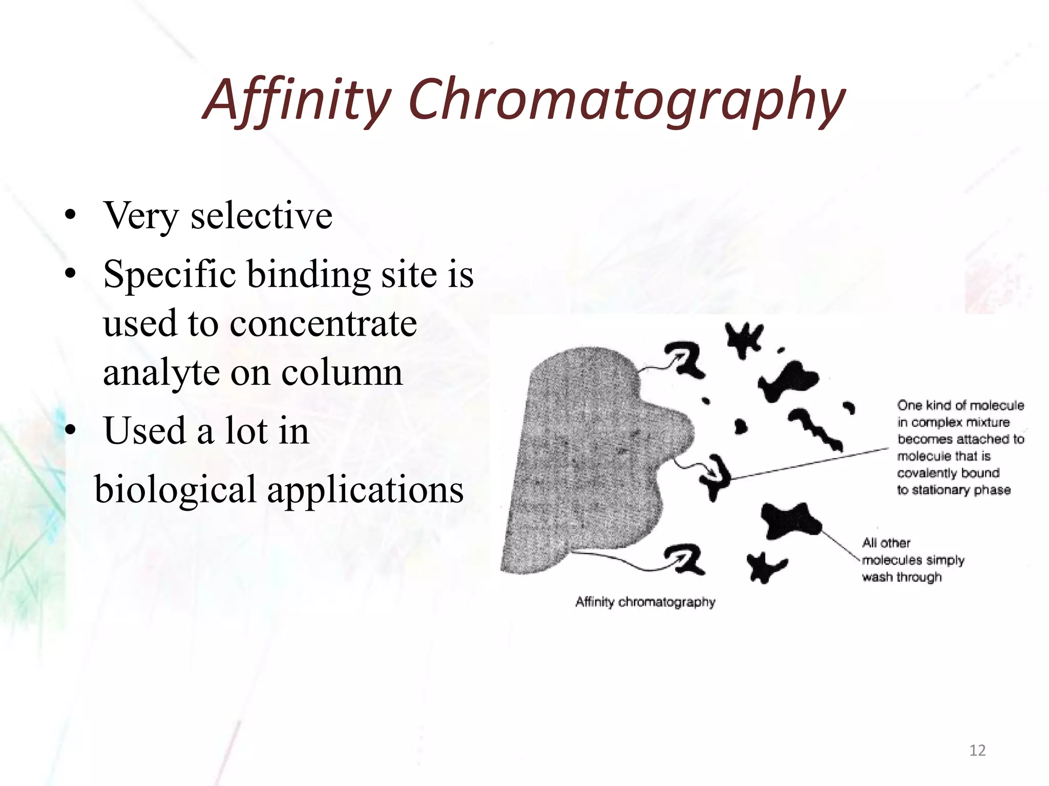 Affinity Chromatography 
•Very selective 
•Specific binding site is used to concentrate analyte on column 
•Used a lot in 
biological applications 
12 
 