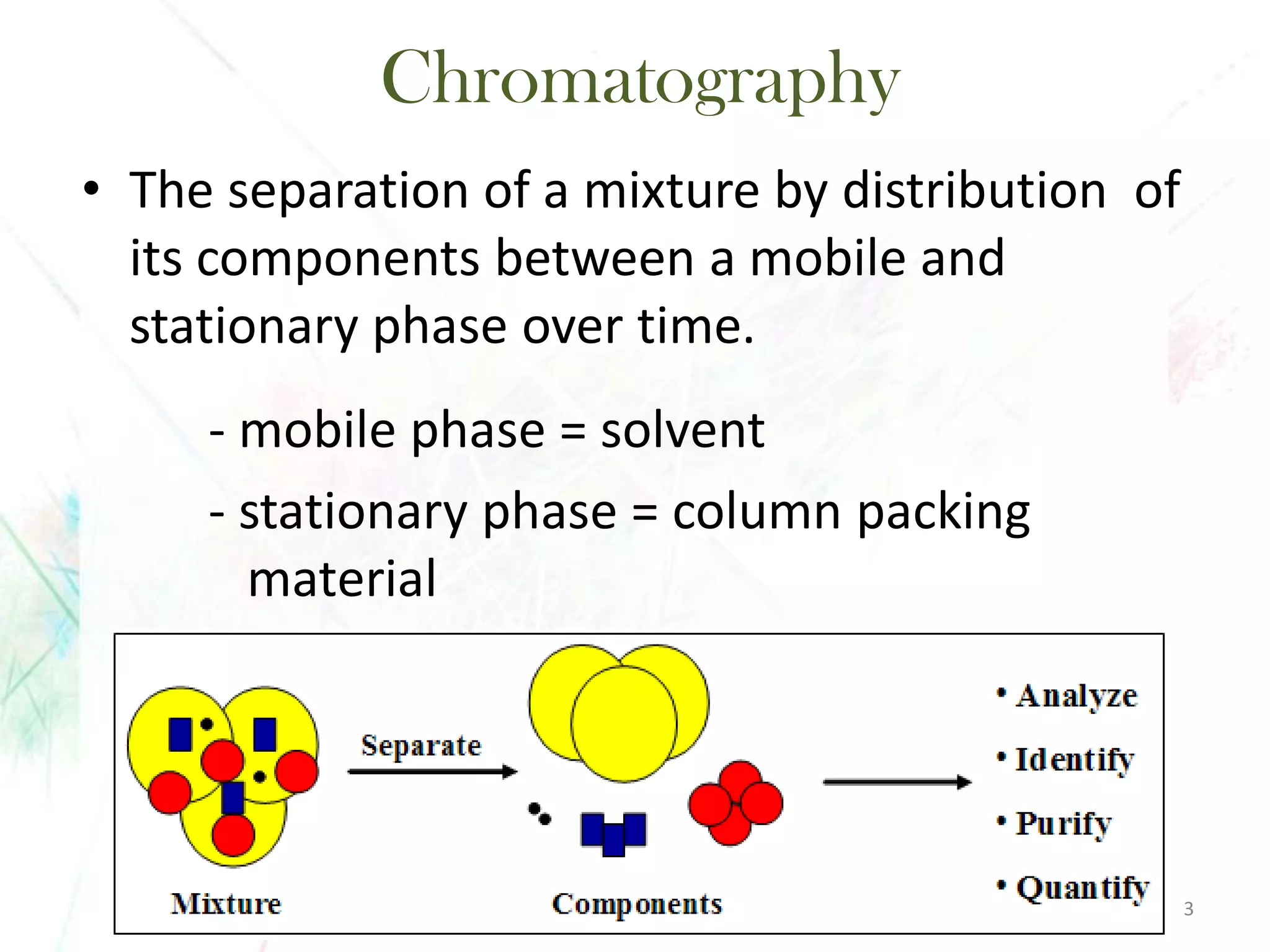 Chromatography 
•The separation of a mixture by distribution of its components between a mobile and stationary phase over time. 
-mobile phase = solvent 
-stationary phase = column packing material 
3 
 