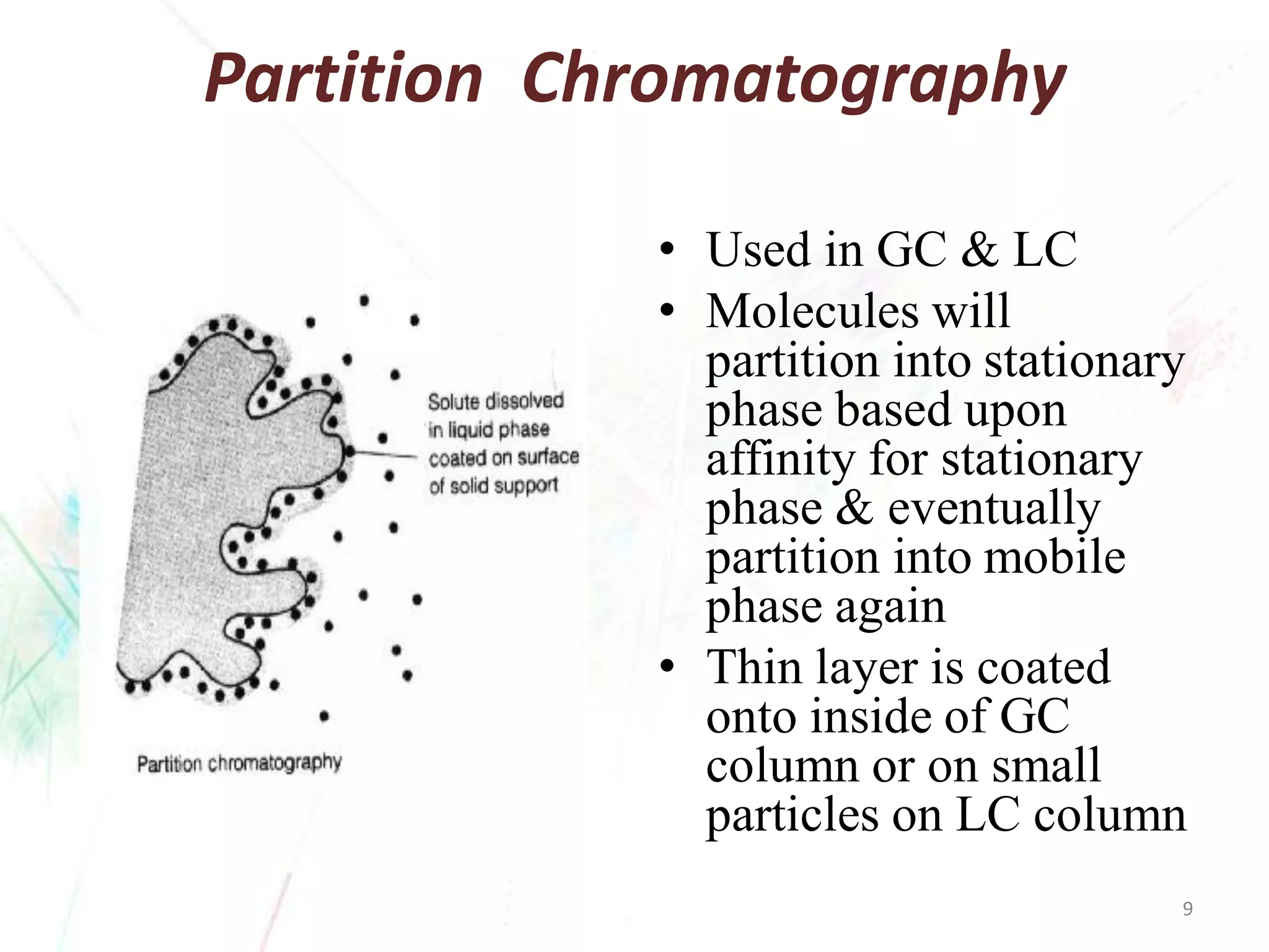 Partition Chromatography 
•Used in GC & LC 
•Molecules will partition into stationary phase based upon affinity for stationary phase & eventually partition into mobile phase again 
•Thin layer is coated onto inside of GC column or on small particles on LC column 
9 
 