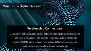 aras.com
What is the Digital Thread?
© 2017 Aras
Relationship Connections
Meaningful relationship connections between all of a product’s digital assets
– and their revisions over the lifecycle – including (but not limited to)
versions of BOMs, parts, software, electronics, CAD models, documents,
requirements, process plans, service manuals, etc
 
