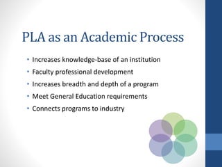 PLA as an Academic Process
• Increases knowledge-base of an institution
• Faculty professional development
• Increases breadth and depth of a program
• Meet General Education requirements
• Connects programs to industry
 