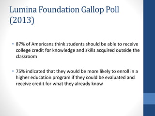 Lumina Foundation Gallop Poll
(2013)
• 87% of Americans think students should be able to receive
college credit for knowledge and skills acquired outside the
classroom
• 75% indicated that they would be more likely to enroll in a
higher education program if they could be evaluated and
receive credit for what they already know
 
