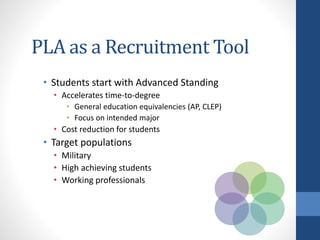 PLA as a Recruitment Tool
• Students start with Advanced Standing
• Accelerates time-to-degree
• General education equivalencies (AP, CLEP)
• Focus on intended major
• Cost reduction for students
• Target populations
• Military
• High achieving students
• Working professionals
 