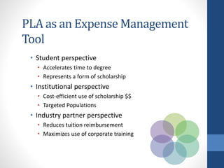 PLA as an Expense Management
Tool
• Student perspective
• Accelerates time to degree
• Represents a form of scholarship
• Institutional perspective
• Cost-efficient use of scholarship $$
• Targeted Populations
• Industry partner perspective
• Reduces tuition reimbursement
• Maximizes use of corporate training
 