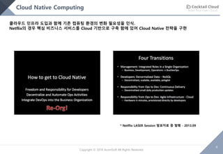 Build Your Own Cloud
4
Copyright © 2018 AcornSoft All Rights Reserved
Cloud Native Computing
클라우드 인프라 도입과 함께 기존 컴퓨팅 환경의 변화 필요성을 인식.
Netflix의 경우 핵심 비즈니스 서비스를 Cloud 기반으로 구축 함에 있어 Cloud Native 전략을 구현
* Netflix LASER Session 발표자료 중 발췌 - 2013.09
 