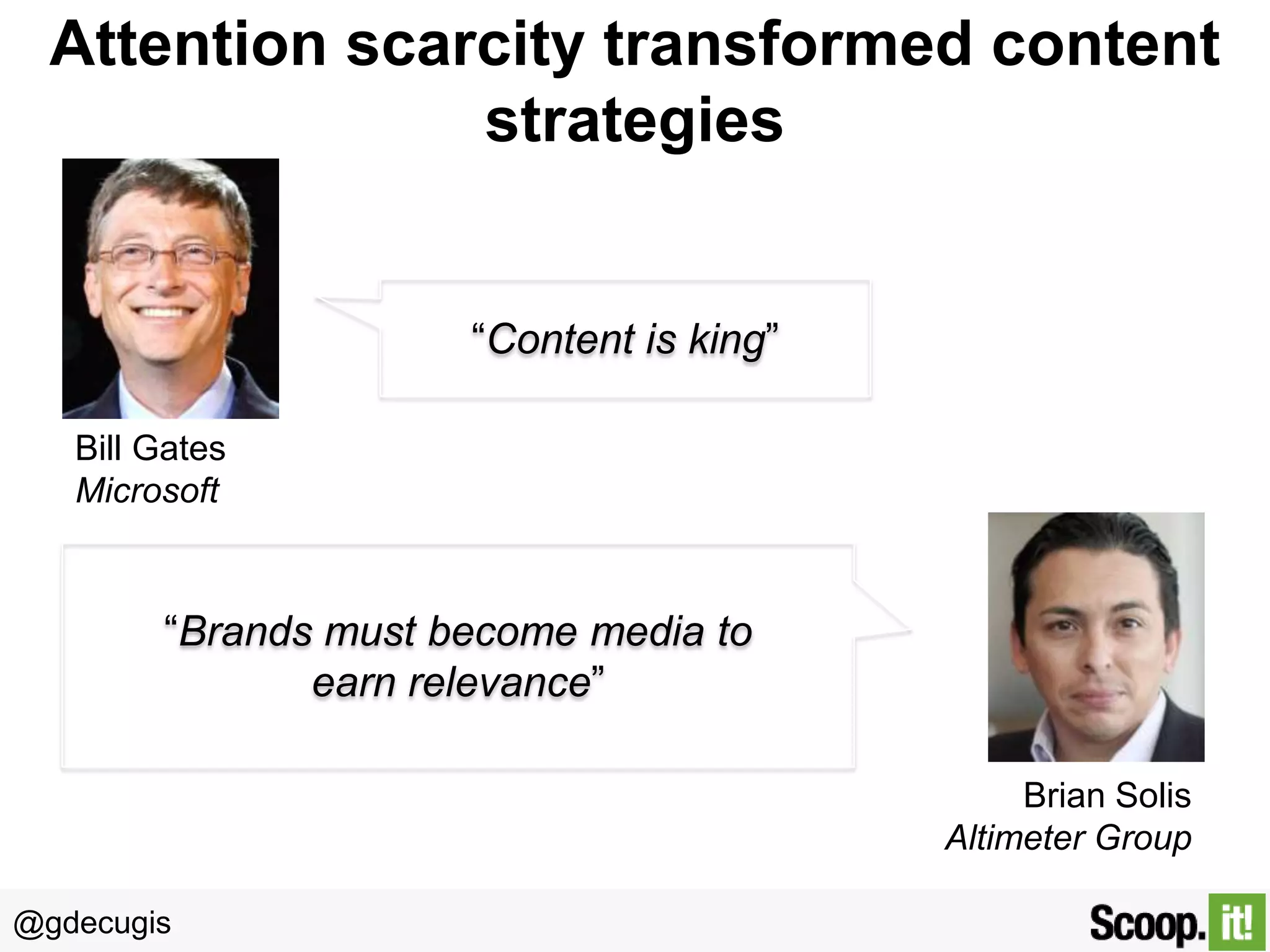 Attention scarcity transformed content
strategies

“Content is king”
Bill Gates
Microsoft

“Brands must become media to
earn relevance”
Brian Solis
Altimeter Group
@gdecugis

 