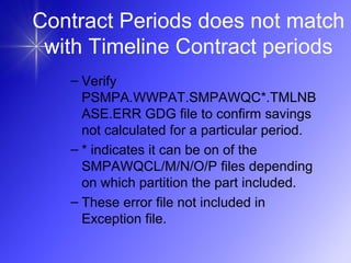 – Verify
PSMPA.WWPAT.SMPAWQC*.TMLNB
ASE.ERR GDG file to confirm savings
not calculated for a particular period.
– * indicates it can be on of the
SMPAWQCL/M/N/O/P files depending
on which partition the part included.
– These error file not included in
Exception file.
Contract Periods does not match
with Timeline Contract periods
 